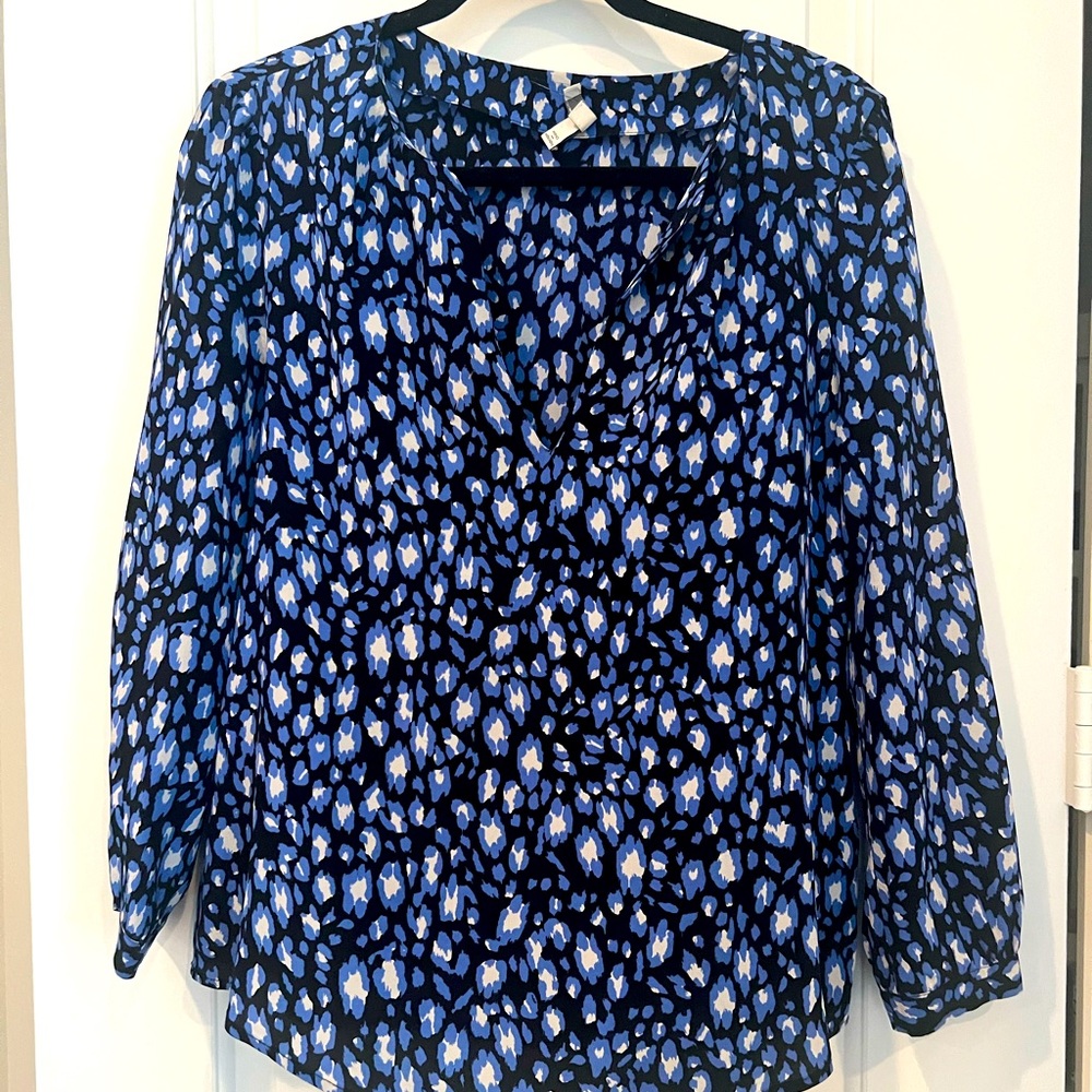 Joie long sleeve 100% silk animal print top in blue and black